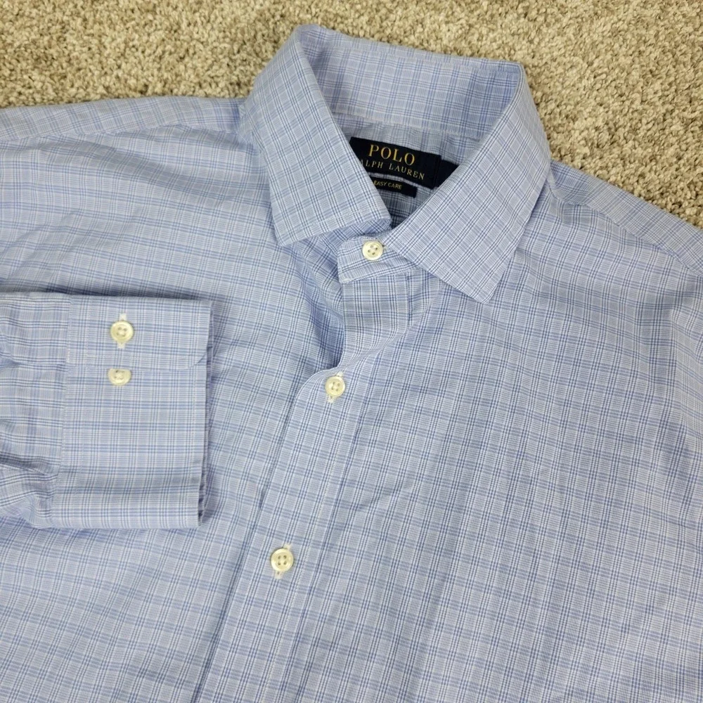 Polo Ralph‎ Lauren Easy Care Mens 17-34/35 Blue Plaid Button Up Long Sleeve